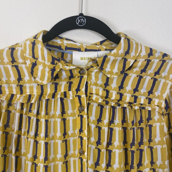 Maeve By Anthropologie Dog Print Yellow Satin Bell Sleeve Button Up long Sleeve - Picture 8 of 12